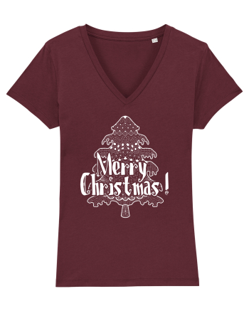 Merry Christmas Tree White Embroidery Burgundy