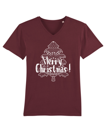Merry Christmas Tree White Embroidery Burgundy