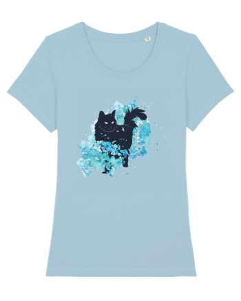 Watercolor Black Cat Sky Blue