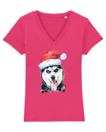 Husky Santa Hat Tricou mânecă scurtă guler V Damă Evoker