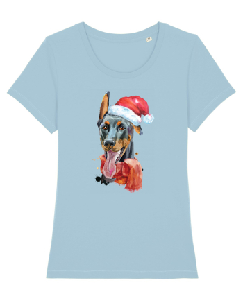 Doberman Santa Hat Sky Blue