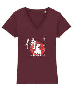 Siluetă Samurai (kanji și katakana) alb Tricou mânecă scurtă guler V Damă Evoker