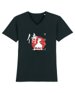 Siluetă Samurai (kanji și katakana) alb Tricou mânecă scurtă guler V Bărbat Presenter