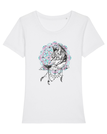 Pisică în Lună Dreamcatcher Mandala White