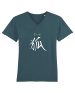 Vulpe în Japoneză (kitsune, hiragana și kanji) alb Tricou mânecă scurtă guler V Bărbat Presenter