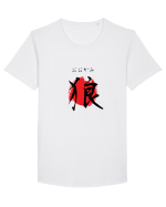 Lup în Japoneză (ookami, hiragana și kanji) negru și roșu Tricou mânecă scurtă guler larg Bărbat Skater