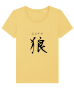 Lup în Japoneză (ookami, hiragana și kanji) negru Tricou mânecă scurtă guler larg fitted Damă Expresser
