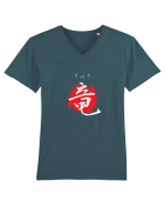 Dragon în Japoneză (ryuu, hiragana și kanji) alb și roșu Tricou mânecă scurtă guler V Bărbat Presenter