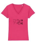 Koi Fish (text japoneză) negru Tricou mânecă scurtă guler V Damă Evoker