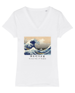 The Great Wave off Kanagawa (text negru) Tricou mânecă scurtă guler V Damă Evoker