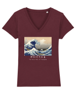 The Great Wave off Kanagawa (text alb) Tricou mânecă scurtă guler V Damă Evoker