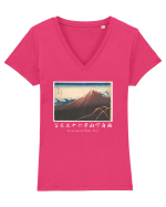 Storm below Mount Fuji (text alb) Tricou mânecă scurtă guler V Damă Evoker