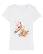 Watercolor Flower Unicorn Tricou mânecă scurtă guler V Damă Evoker