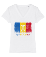 Romania Tricolor Tricou mânecă scurtă guler V Damă Evoker