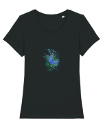 Fluture albastru Morpho desen manual animale rare Tricou mânecă scurtă guler larg fitted Damă Expresser