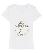 Stop Looking at Your Phone ! Tricou mânecă scurtă guler V Damă Evoker