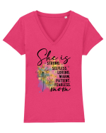 She is Strong Loving Warm Patient Fearless Mom Tricou mânecă scurtă guler V Damă Evoker