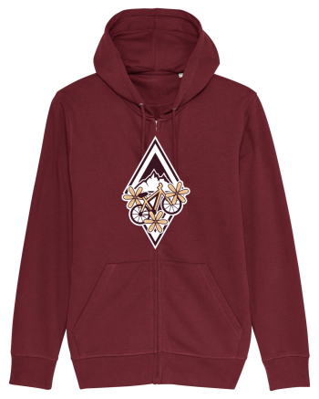 Cu bicicleta pe munte printre flori Burgundy