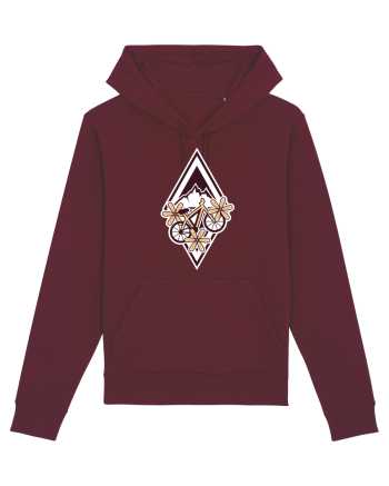 Cu bicicleta pe munte printre flori Burgundy