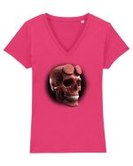 Craniu roșu - skull red 05 black Tricou mânecă scurtă guler V Damă Evoker