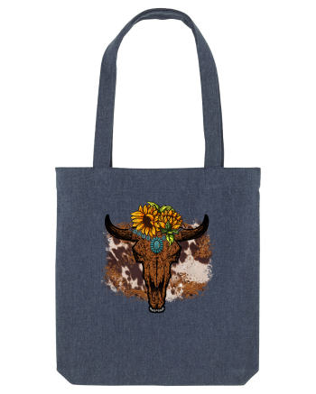 Vintage Sunflower Bull Skull Midnight Blue