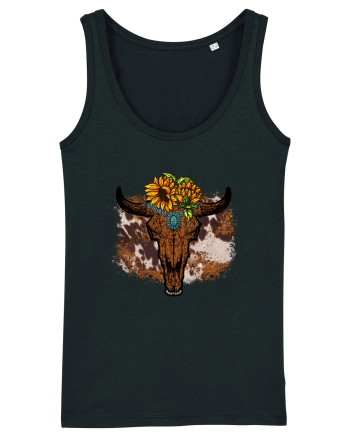 Vintage Sunflower Bull Skull Black