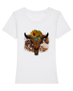 Vintage Sunflower Bull Skull Tricou mânecă scurtă guler larg fitted Damă Expresser