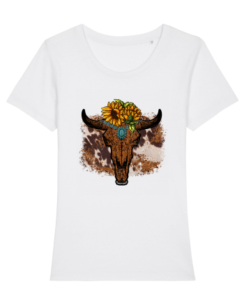 Vintage Sunflower Bull Skull White