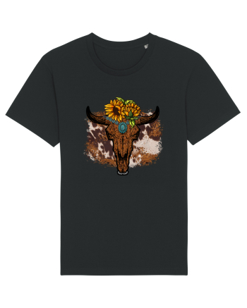Vintage Sunflower Bull Skull Black