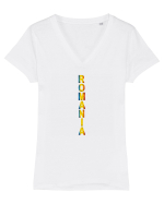 Romania text vertical tricolor Tricou mânecă scurtă guler V Damă Evoker