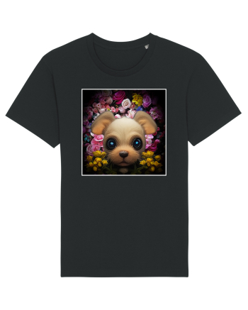 dog in flowers Black