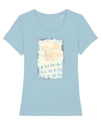 Birds On Full Moon Sky Blue