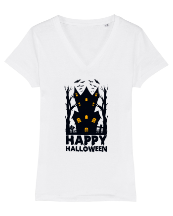 Happy Halloween Black Haunted House White