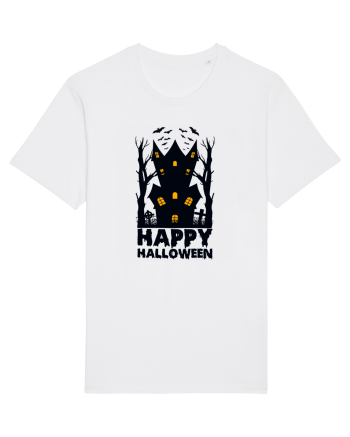 Happy Halloween Black Haunted House White