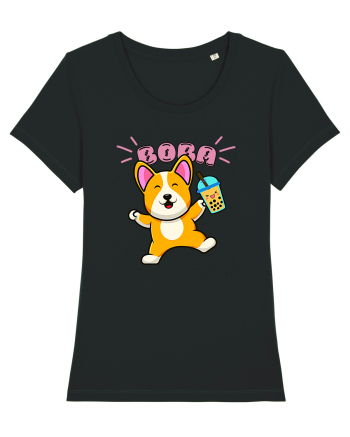 Kawaii Corgi Drinking Boba Tea Black