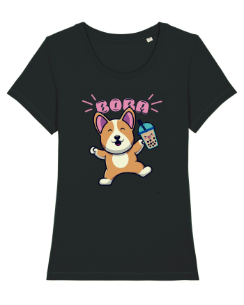 Kawaii Corgi Drinking Boba Tea Black