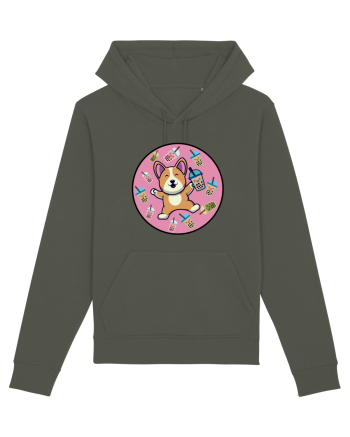 Kawaii Corgi Drinking Boba Tea Khaki