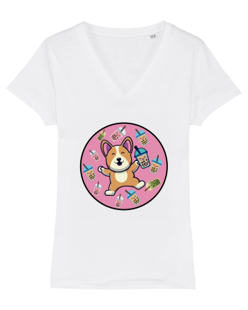Kawaii Corgi Drinking Boba Tea White