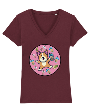 Kawaii Corgi Drinking Boba Tea Burgundy