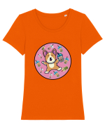 Kawaii Corgi Drinking Boba Tea Tricou mânecă scurtă guler larg fitted Damă Expresser
