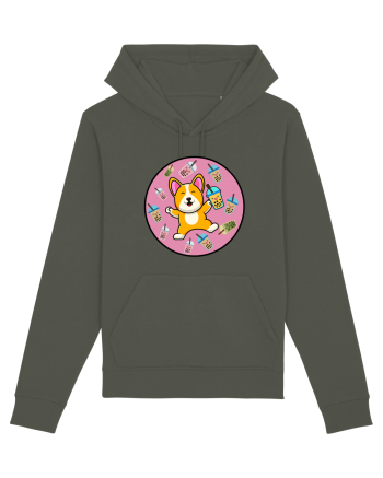 Kawaii Corgi Drinking Boba Tea Khaki