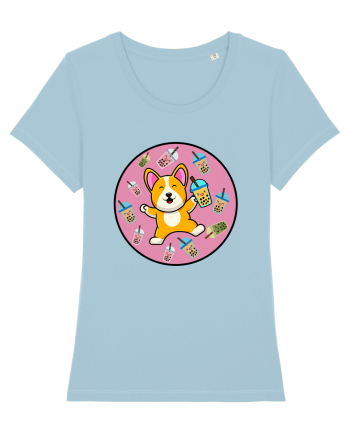 Kawaii Corgi Drinking Boba Tea Sky Blue