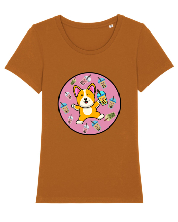 Kawaii Corgi Drinking Boba Tea Roasted Orange