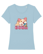 Kawaii Corgi Drinking Boba Tea Tricou mânecă scurtă guler larg fitted Damă Expresser