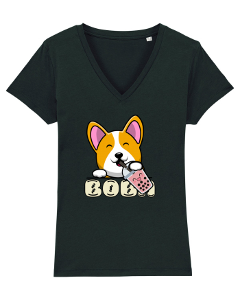 Kawaii Corgi Drinking Boba Tea Black