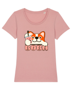 Kawaii Corgi Drinking Boba Tea Tricou mânecă scurtă guler larg fitted Damă Expresser