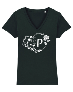 Litera P - alb Tricou mânecă scurtă guler V Damă Evoker