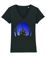 Halloween Blue Moon Scary House Tricou mânecă scurtă guler V Damă Evoker