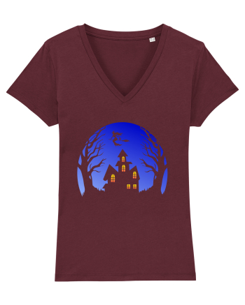 Halloween Blue Moon Scary House Burgundy
