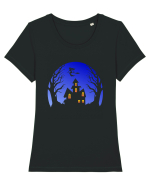 Halloween Blue Moon Scary House Tricou mânecă scurtă guler larg fitted Damă Expresser